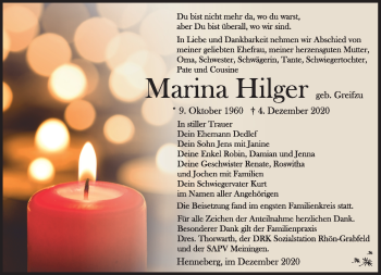 Traueranzeige von Marina Hilger von Südthüringer Presse
