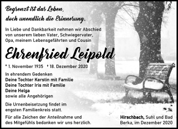 Traueranzeige von Ehrenfried Leipold von Südthüringer Presse