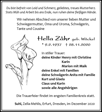Traueranzeige von Hella Zähr von Südthüringer Presse