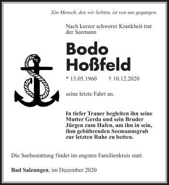 Traueranzeige von Bodo Hoßfeld von Südthüringer Presse