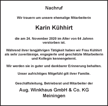 Traueranzeige von Karin Kühhirt von Südthüringer Presse
