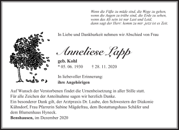 Traueranzeige von Anneliese Lapp von Südthüringer Presse