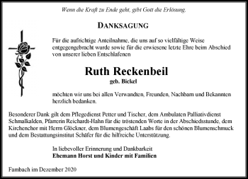 Traueranzeige von Ruth Reckenbeil von Südthüringer Presse