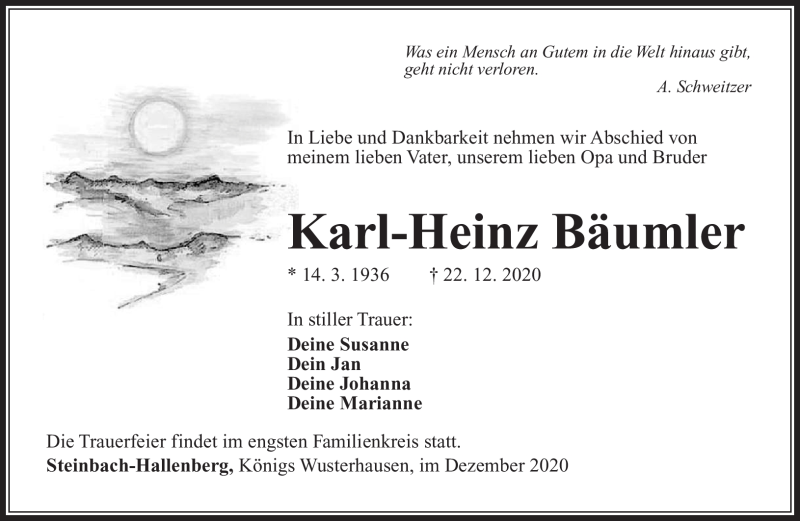 Traueranzeige für Karl-Heinz Bäumler vom 29.12.2020 aus Südthüringer Presse