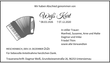 Traueranzeige von Kurt Weiß von Neue Presse Coburg