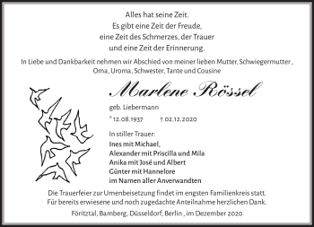 Traueranzeige von Marlene Rössel von Südthüringer Presse