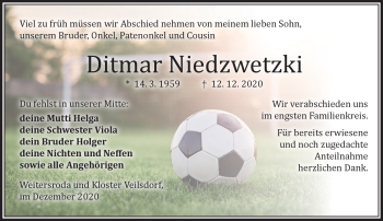 Traueranzeige von Ditmar Niedzwetzki von Südthüringer Presse