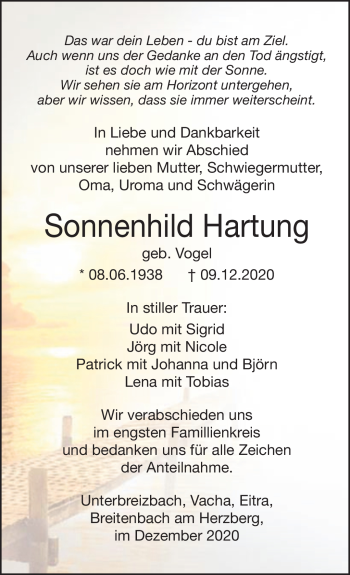 Traueranzeige von Sonnehild Hartung von Südthüringer Presse
