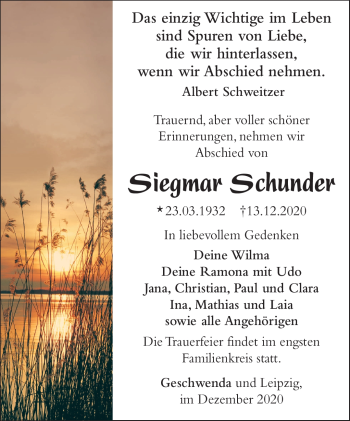 Traueranzeige von Siegmar Schunder von Südthüringer Presse