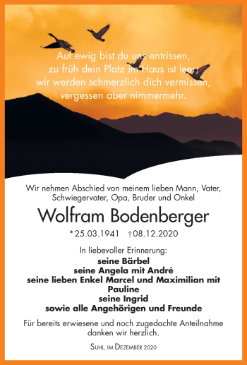 Traueranzeige von Wolfram Bodenberger von Südthüringer Presse