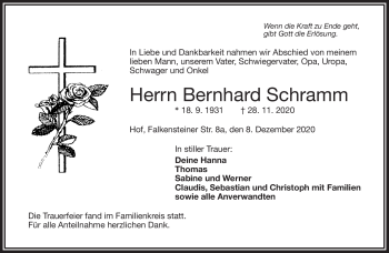 Traueranzeige von Bernhard Schramm von Frankenpost