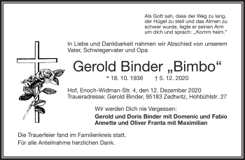 Traueranzeige von Gerold Binder von Frankenpost