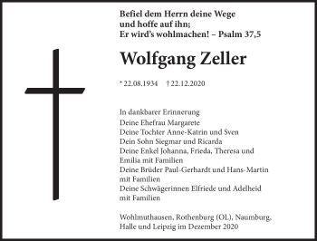 Traueranzeige von Wolfgang Zeller von Südthüringer Presse