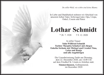 Traueranzeige von Lothar Schmidt von Südthüringer Presse