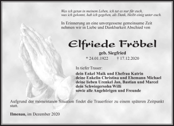 Traueranzeige von Elfriede Fröbel von Südthüringer Presse