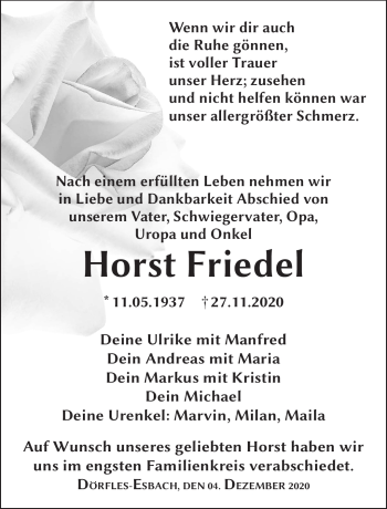 Traueranzeige von Horst Friedel von Neue Presse Coburg