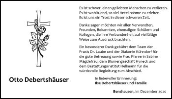 Traueranzeige von Otto Debertshäuser von Südthüringer Presse