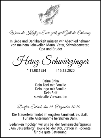 Traueranzeige von Heinz Schürzinger von Neue Presse Coburg