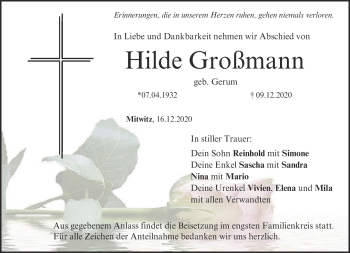 Traueranzeige von Hilde Großmann von Neue Presse Coburg
