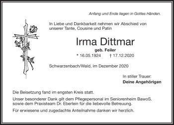 Traueranzeige von Irma Dittmar von Frankenpost
