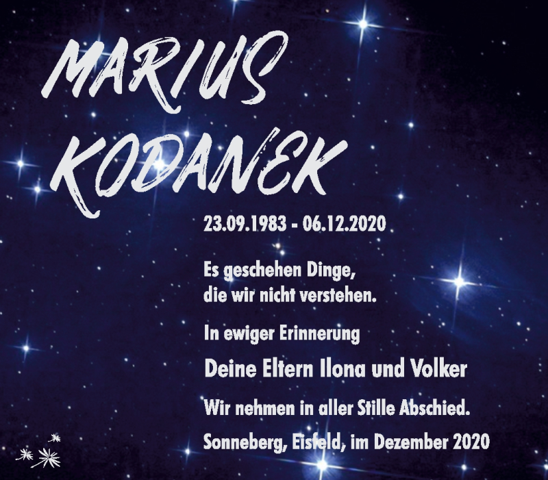  Traueranzeige für Marius Kodanek vom 19.12.2020 aus Südthüringer Presse