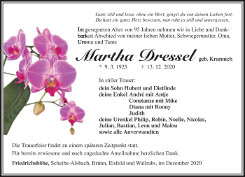 Traueranzeige von Martha Dressel von Südthüringer Presse