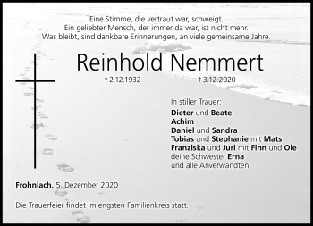 Traueranzeige von Reinhold Nemmert von Neue Presse Coburg