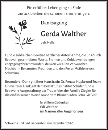 Traueranzeige von Gerda Walther von Südthüringer Presse