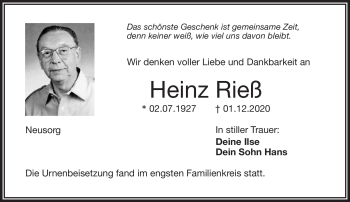 Traueranzeige von Heinz Rieß von Frankenpost