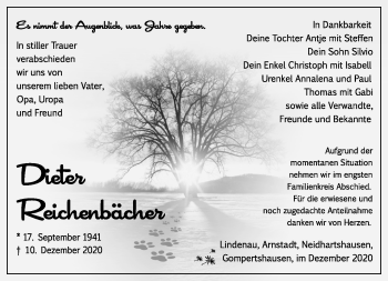 Traueranzeige von Dieter Reichenbächer von Südthüringer Presse