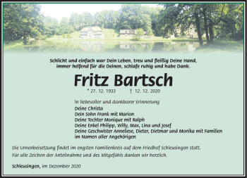 Traueranzeige von Fritz Bartsch von Südthüringer Presse