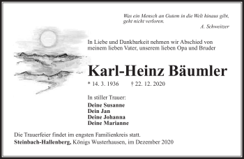 Traueranzeige von Karl-Heinz Bäumler von Südthüringer Presse