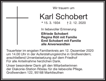 Traueranzeige von Karl Schobert von Frankenpost
