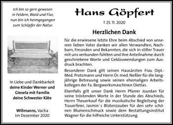 Traueranzeige von Hans Göpfert von Südthüringer Presse