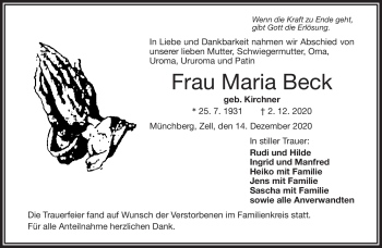 Traueranzeige von Maria Beck von Frankenpost