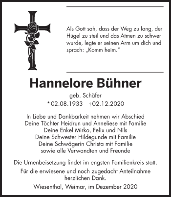 Traueranzeige von Hannelore Bühner von Südthüringer Presse