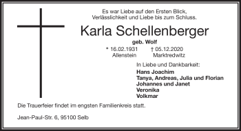 Traueranzeige von Karla Schellenberger von Frankenpost
