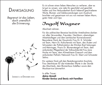 Traueranzeige von Ingolf Wagner von Südthüringer Presse