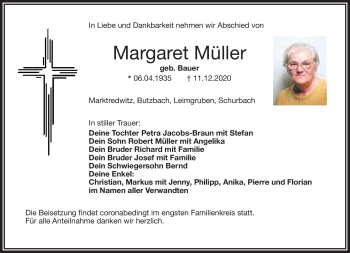 Traueranzeige von Margaret Müller von Frankenpost