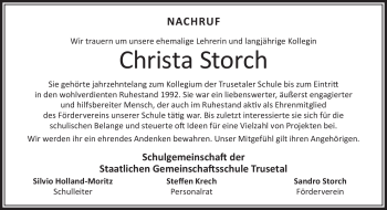 Traueranzeige von Christa Storch von Südthüringer Presse