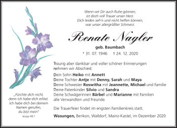 Traueranzeige von Renate Nagler von Südthüringer Presse