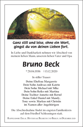 Traueranzeige von Bruno Beck von Südthüringer Presse