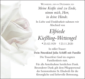 Traueranzeige von Elfriede Kießling-Wettengel von Frankenpost