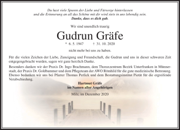 Traueranzeige von Gudrun Gräfe von Südthüringer Presse