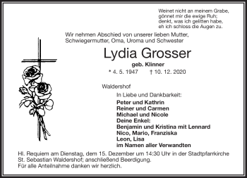 Traueranzeige von Lydia Grosser von Frankenpost