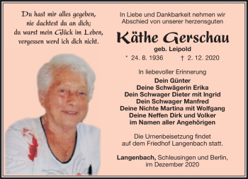 Traueranzeige von Käthe Gerschau von Südthüringer Presse