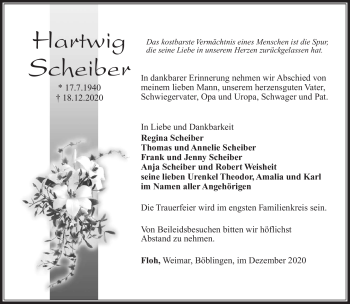 Traueranzeige von Hartwig Scheiber von Südthüringer Presse