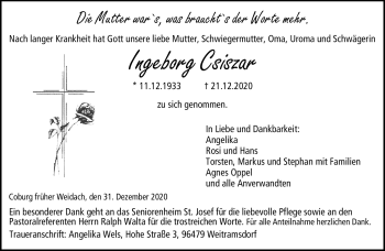Traueranzeige von Ingeborg Csiszar von Neue Presse Coburg