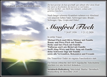 Traueranzeige von Manfred Fleck von Südthüringer Presse