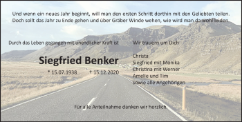 Traueranzeige von Siegfried Benker von Frankenpost